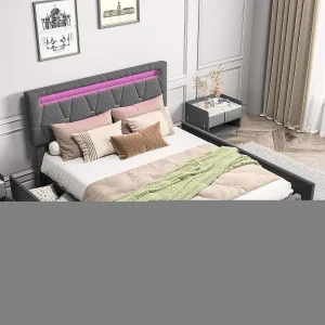 Bed van 160×200 cm met ledverlichting, USB-oplaadpunt, 4 lades, lattenbodem en verstelbaar hoofdeinde, linnen en hout – grijs Bed van 160×200 cm met ledverlichting, USB-oplaadpunt, 4 lades, lattenbodem en verstelbaar hoofdeinde, linnen en hout – grijs