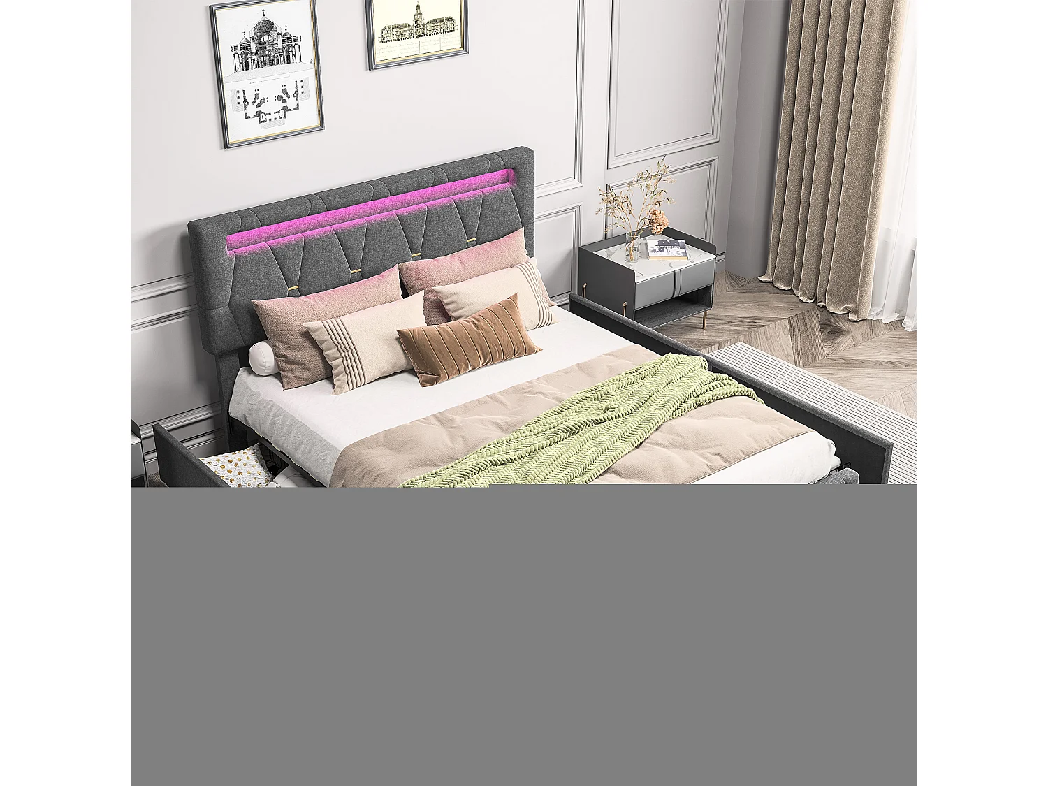 Bed van 160x200 cm met ledverlichting, USB-oplaadpunt, 4 lades, lattenbodem en verstelbaar hoofdeinde, linnen en hout - grijs