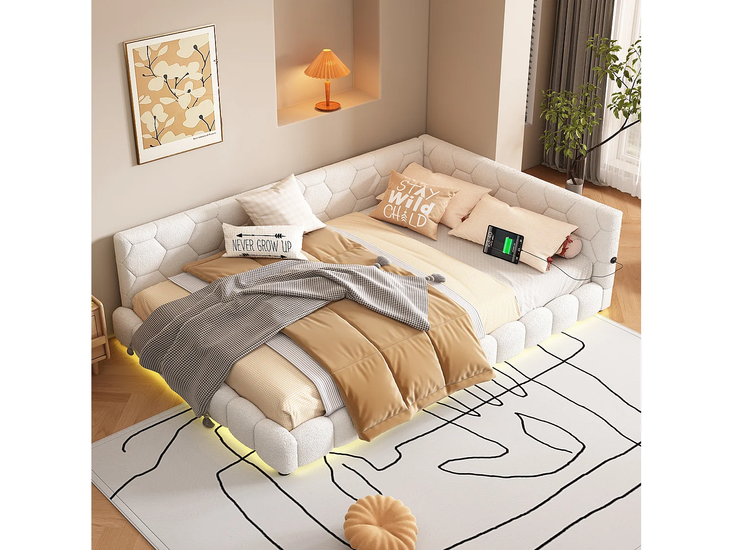 Bed 140x200 cm met lattenbodem, RGB-sfeerverlichting, USB- en Type-C-aansluitingen, zachte stof - Wit