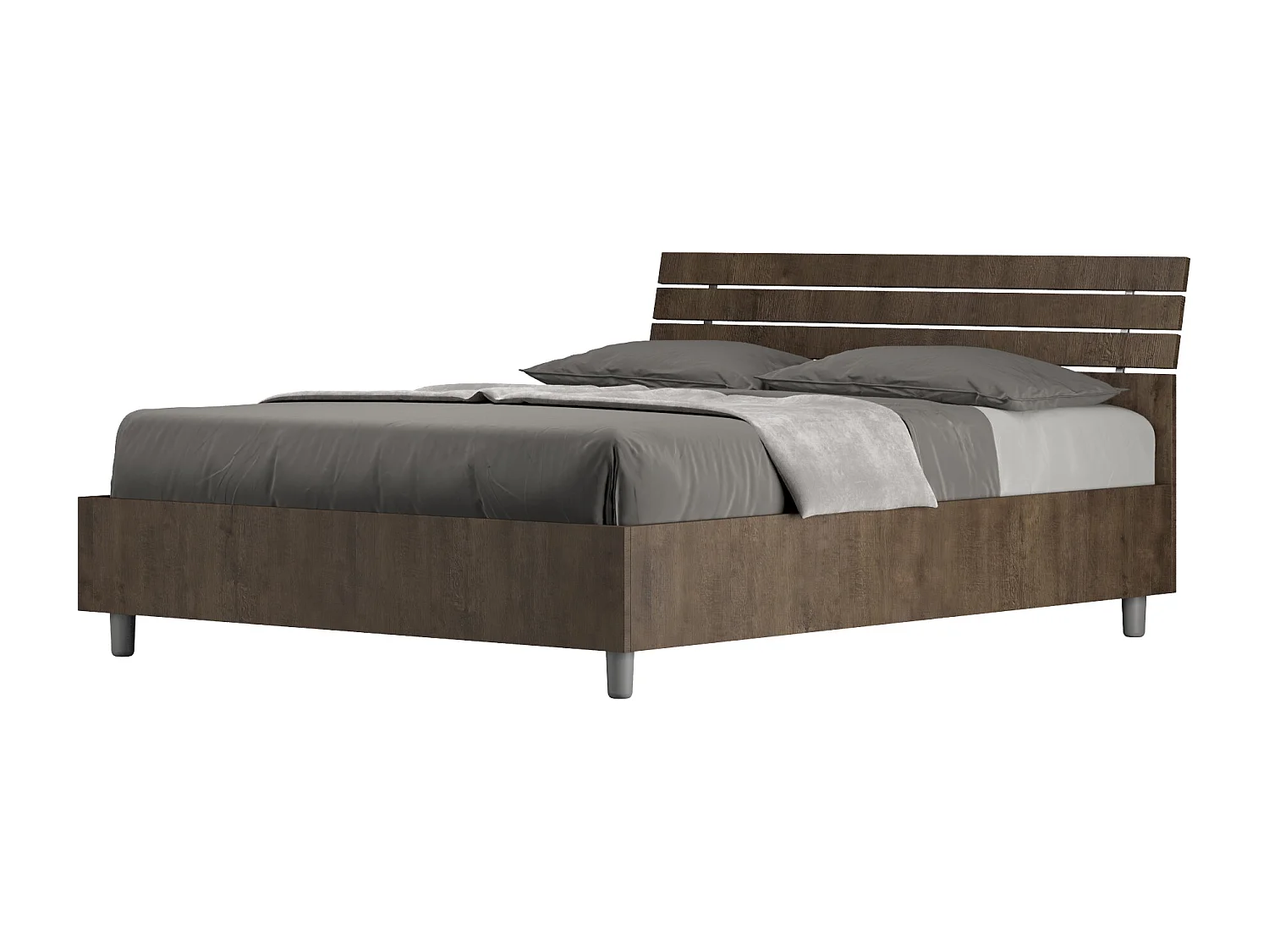 Bed 140x200 zonder lattenbodem schuin bedhoofd met laatten walnoot Ankel