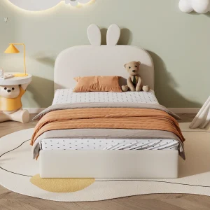 Bed met konijnenhoofdeinde, kinderbed met lattenbodem, eenpersoonsbed fluweel – beige, 90×200 cm