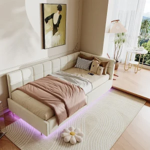 Bed van 90×200 cm met LED-hoofdbord en opbergruimte, USB- en Type-C-oplaadfunctie, RGB-verlichting met afstandsbediening – Beige fluwelen stofdesign Bed van 90×200 cm met LED-hoofdbord en opbergruimte, USB- en Type-C-oplaadfunctie, RGB-verlichting met afstandsbediening – Beige fluwelen stofdesign