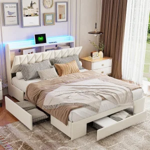 Bed met LED-hoofdbord en 3 opberglades, USB-oplader en RGB-verlichting – 140×190 cm, beige fluwelen design Bed met LED-hoofdbord en 3 opberglades, USB-oplader en RGB-verlichting – 140×190 cm, beige fluwelen design