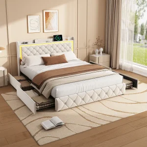 Bed van 140×190 cm in beige fluweel met LED-hoofdbord, gaslift, USB- en Type-C-poorten Bed van 140×190 cm in beige fluweel met LED-hoofdbord, gaslift, USB- en Type-C-poorten