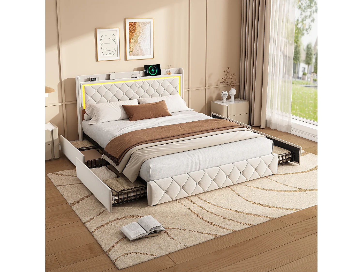 Bed van 140×190 cm in beige fluweel met LED-hoofdbord, gaslift, USB- en Type-C-poorten