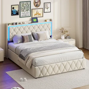 Bed van 140×190 cm in beige fluweel met LED-hoofdbord, gaslift, USB en Type-C-oplader Bed van 140×190 cm in beige fluweel met LED-hoofdbord, gaslift, USB en Type-C-oplader