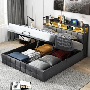 Bed van 140×190 cm met LED-hoofdbord en gaslift, USB-C en USB-lader, RGB-verlichting – Grijs linnen stofontwerp Bed van 140×190 cm met LED-hoofdbord en gaslift, USB-C en USB-lader, RGB-verlichting – Grijs linnen stofontwerp