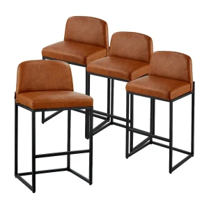 Barstoel SucceBuy, Set van 4, Comfortabele Barstoel in PU Leer, 68 cm Hoog, Keukenstoel met Rugleuning En Metalen Voeten, Bruin Barstoel SucceBuy, Set van 4, Comfortabele Barstoel in PU Leer, 68 cm Hoog, Keukenstoel met Rugleuning En Metalen Voeten, Bruin
