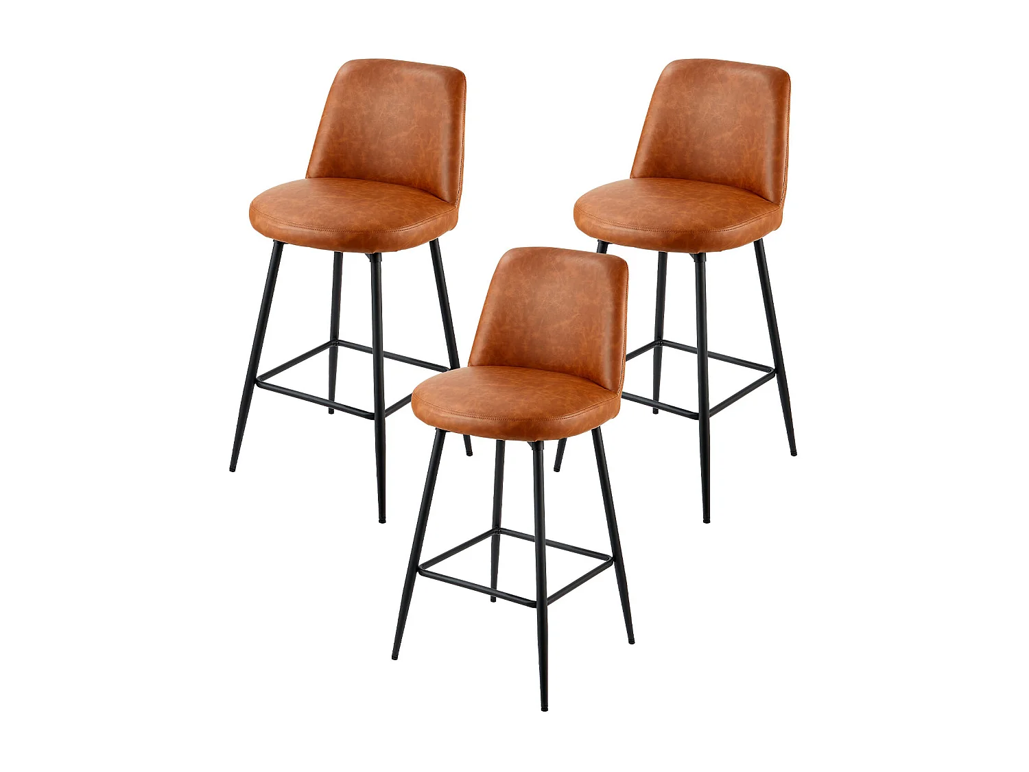 Barstoel SucceBuy, Set van 3, Moderne Barstoel in PU Leer, Draaibare Keukenstoel, 68.6 cm Hoog, met Rugleuning En Metalen Voeten, Bruin