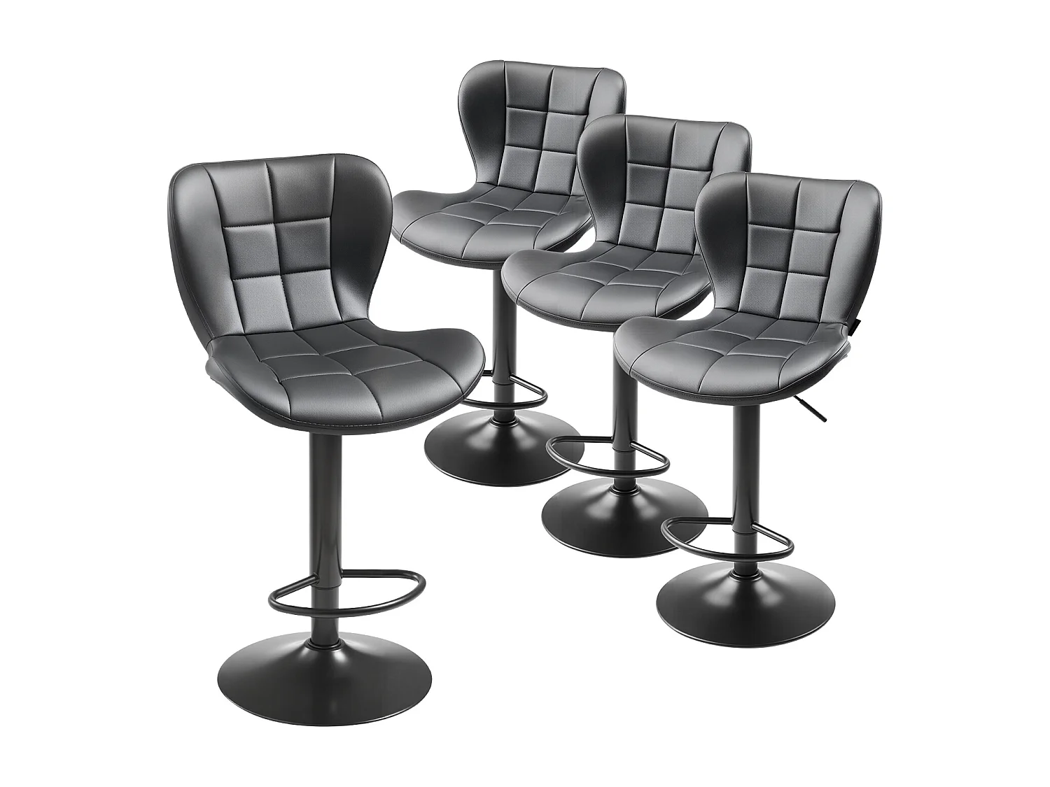 Barstoel SucceBuy, Set van 4, Moderne Barstoel in PU Leer, Draaibare Keukenstoel, Hoogte Verstelbaar, met Rugleuning En Voetensteun, Zwart