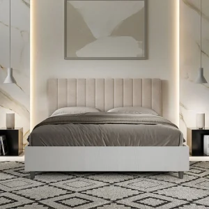 Bed 160×200 met opbergruimte bedframe eiken wit hoofdeinde microvezel zand Kaia Bed 160×200 met opbergruimte bedframe eiken wit hoofdeinde microvezel zand Kaia