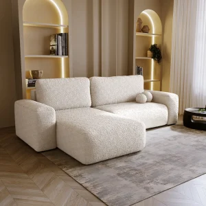 BESILIO Linkse hoekbank uitschuifbaar Ornello L – ronde kussens, slaapfunctie, bouclé-chaise longue – Beige BESILIO Linkse hoekbank uitschuifbaar Ornello L – ronde kussens, slaapfunctie, bouclé-chaise longue – Beige