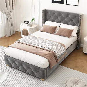 Bed met gestoffeerd hoofdbord – 90 x 200 cm – linnen stof – lattenbodem – grijs Bed met gestoffeerd hoofdbord – 90 x 200 cm – linnen stof – lattenbodem – grijs