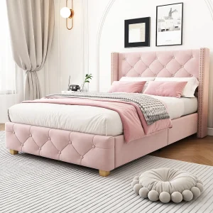 Bed met gestoffeerd hoofdbord – 90 x 200 cm – linnen stof – lattenbodem – roze Bed met gestoffeerd hoofdbord – 90 x 200 cm – linnen stof – lattenbodem – roze