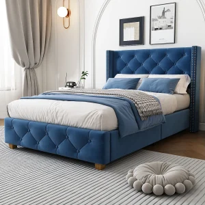 Bed met gestoffeerd hoofdbord – 90 x 200 cm – linnen stof – lattenbodem – blauw Bed met gestoffeerd hoofdbord – 90 x 200 cm – linnen stof – lattenbodem – blauw
