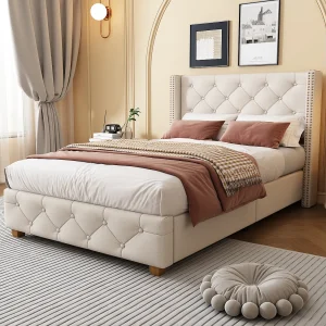 Bed met gestoffeerd hoofdbord – 90 x 200 cm – linnen stof – lattenbodem – beige Bed met gestoffeerd hoofdbord – 90 x 200 cm – linnen stof – lattenbodem – beige