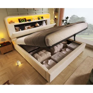 Bed met opbergruimte, 180×200 cm, LED, USB, Type-C – In hoogte verstelbaar hoofdeinde met opbergruimte – Beige fluweel Bed met opbergruimte, 180×200 cm, LED, USB, Type-C – In hoogte verstelbaar hoofdeinde met opbergruimte – Beige fluweel