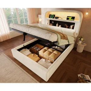 Bed met opbergruimte, 90×200 cm, LED, USB, Type-C – In hoogte verstelbaar hoofdeinde met opbergruimte – Beige fluweel Bed met opbergruimte, 90×200 cm, LED, USB, Type-C – In hoogte verstelbaar hoofdeinde met opbergruimte – Beige fluweel