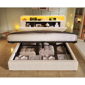 Bed met opbergruimte, 160×200 cm, LED, USB, Type-C – In hoogte verstelbaar hoofdeinde met opbergruimte – Beige fluweel Bed met opbergruimte, 160×200 cm, LED, USB, Type-C – In hoogte verstelbaar hoofdeinde met opbergruimte – Beige fluweel