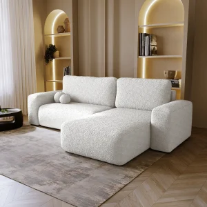 BESILIO Linkse hoekbank uitschuifbaar Ornello L – ronde kussens, slaapfunctie, bouclé-chaise longue – Wit BESILIO Linkse hoekbank uitschuifbaar Ornello L – ronde kussens, slaapfunctie, bouclé-chaise longue – Wit