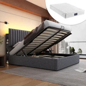Bed met opbergruimte 160×200 cm – met hoofdbord met opbergruimte, ledverlichting, USB-aansluiting – linnen – grijs – inclusief matras Bed met opbergruimte 160×200 cm – met hoofdbord met opbergruimte, ledverlichting, USB-aansluiting – linnen – grijs – inclusief matras