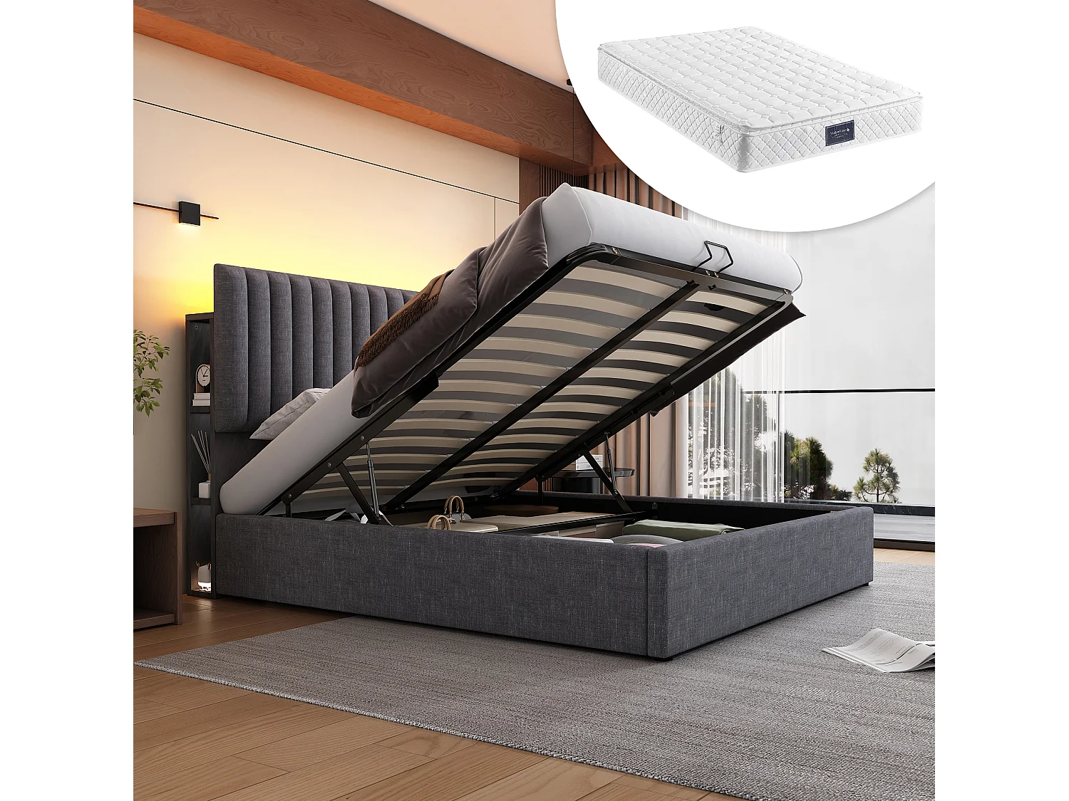 Bed met opbergruimte 160x200 cm - met hoofdbord met opbergruimte, ledverlichting, USB-aansluiting - linnen - grijs - inclusief matras
