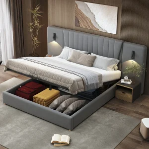 Bed met opbergruimte 180 x 200 cm – met hoofdbord, USB-aansluiting, lattenbodem – fluweel – grijs – matras niet inbegrepen Bed met opbergruimte 180 x 200 cm – met hoofdbord, USB-aansluiting, lattenbodem – fluweel – grijs – matras niet inbegrepen