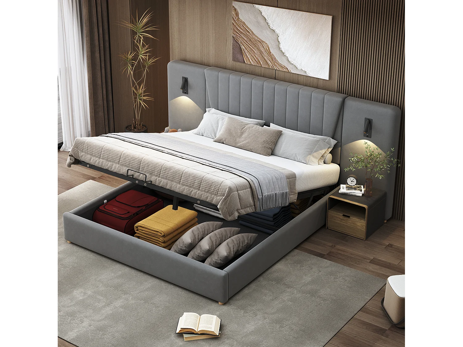 Bed met opbergruimte 180 x 200 cm - met hoofdbord, USB-aansluiting, lattenbodem - fluweel - grijs - matras niet inbegrepen