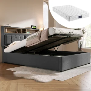 Bed met opbergruimte 140×200 cm – met hoofdbord met opbergruimte, USB/Type-C, lattenbodem – in linnen – grijs – inclusief matras