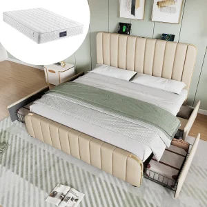Bed voor volwassenen 160×200 cm – met hoofdbord, USB/Type-C, 4 lades, lattenbodem – beige linnen – inclusief matras Bed voor volwassenen 160×200 cm – met hoofdbord, USB/Type-C, 4 lades, lattenbodem – beige linnen – inclusief matras