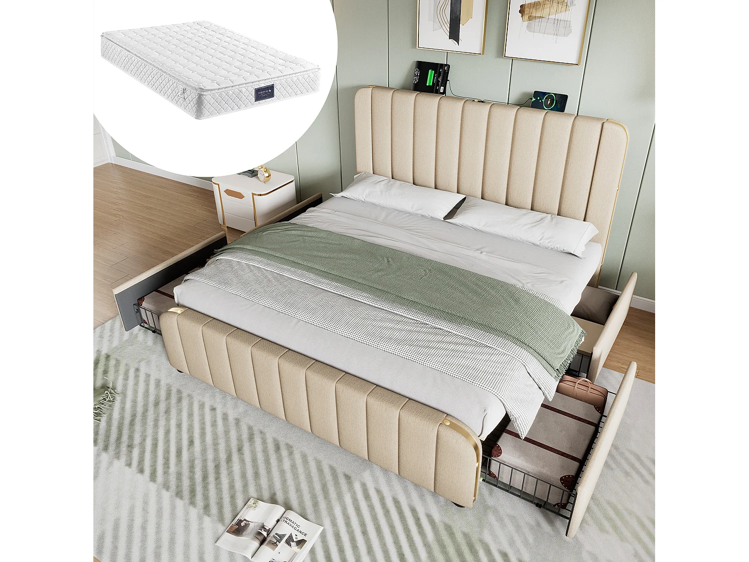 Bed voor volwassenen 160x200 cm - met hoofdbord, USB/Type-C, 4 lades, lattenbodem - beige linnen - inclusief matras