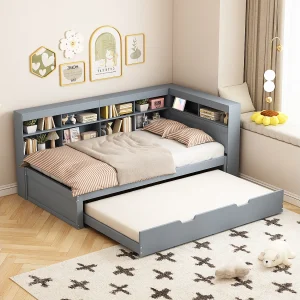 Bed 90×200/90×190 – met USB – van hout – grijs Bed 90×200/90×190 – met USB – van hout – grijs