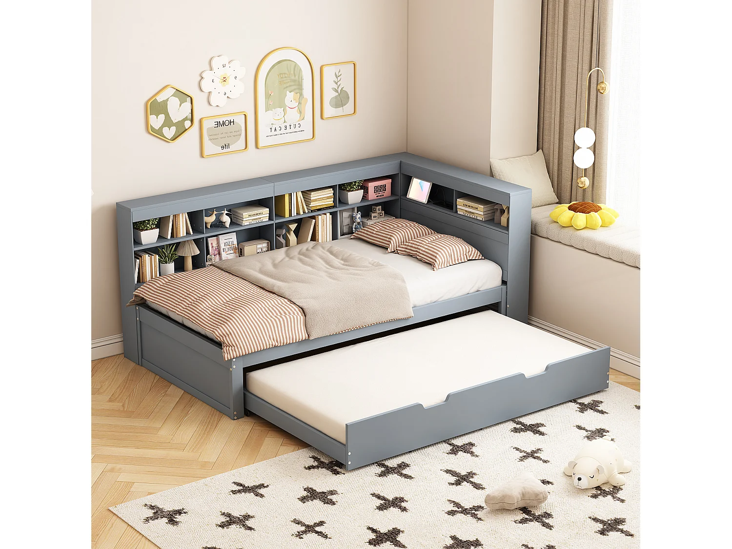 Bed 90x200/90x190 - met USB - van hout - grijs