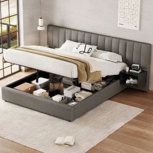 Bed met opbergruimte 160×200 cm – met lattenbodem – linnen – grijs en zwart – zonder matras Bed met opbergruimte 160×200 cm – met lattenbodem – linnen – grijs en zwart – zonder matras