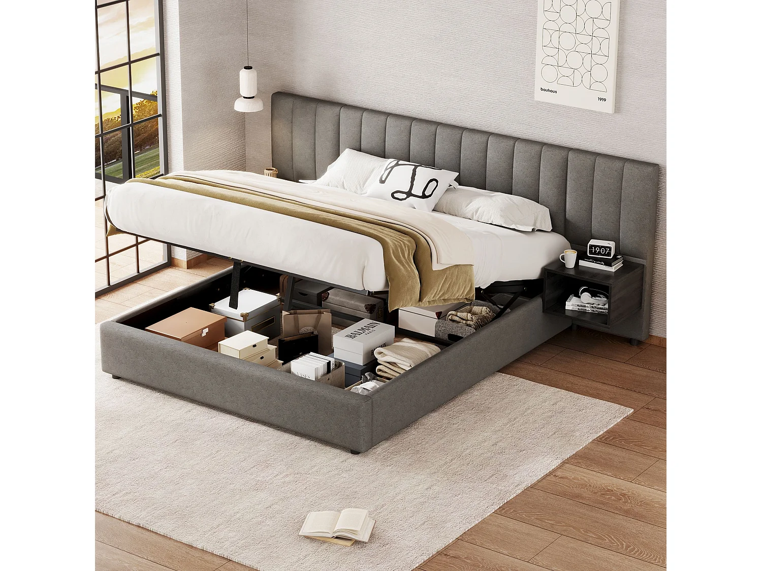 Bed met opbergruimte 160x200 cm - met lattenbodem - linnen - grijs en zwart - zonder matras