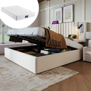 Bed met opbergruimte 160×200 cm – met hoofdbord, USB/type C, lattenbodem – stof – beige – inclusief matras Bed met opbergruimte 160×200 cm – met hoofdbord, USB/type C, lattenbodem – stof – beige – inclusief matras