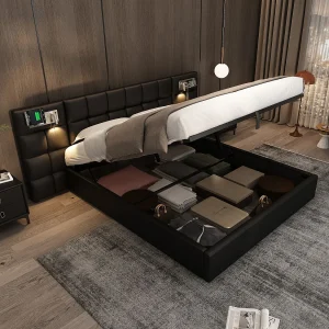 Bed met opbergruimte 180 x 200 cm – met hoofdbord, USB, lattenbodem – zwart – zonder matras Bed met opbergruimte 180 x 200 cm – met hoofdbord, USB, lattenbodem – zwart – zonder matras