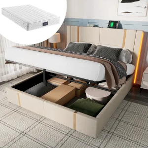 Bed met opbergruimte 160×200 – met hoofdbord, USB en Type-C, LED-verlichting, lattenbodem – beige linnen – inclusief matras Bed met opbergruimte 160×200 – met hoofdbord, USB en Type-C, LED-verlichting, lattenbodem – beige linnen – inclusief matras