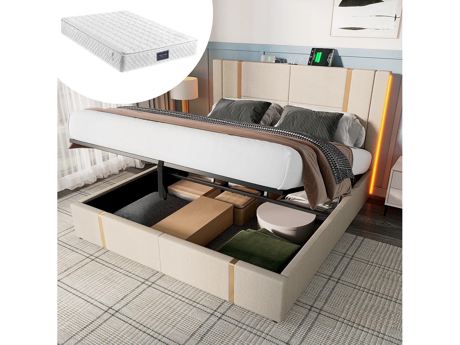 Bed met opbergruimte 160x200 - met hoofdbord, USB en Type-C, LED-verlichting, lattenbodem - beige linnen - inclusief matras
