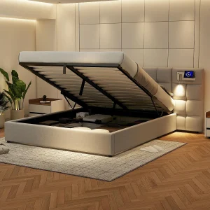 Bed met opbergruimte 180 x 200 cm – met hoofdbord, USB, lattenbodem – linnen – grijs – zonder matras Bed met opbergruimte 180 x 200 cm – met hoofdbord, USB, lattenbodem – linnen – grijs – zonder matras