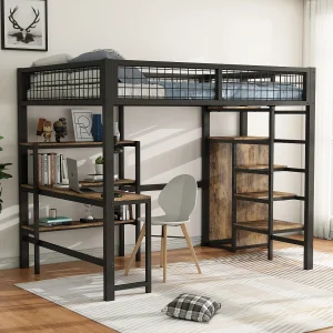 Bergbed 140 x 200 cm – met planken, lattenbodem – zwart en bruin – matras niet inbegrepen Bergbed 140 x 200 cm – met planken, lattenbodem – zwart en bruin – matras niet inbegrepen
