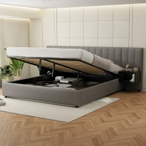 Bed met opbergruimte 180 x 200 cm – met lattenbodem – linnen – grijs en zwart – zonder matras Bed met opbergruimte 180 x 200 cm – met lattenbodem – linnen – grijs en zwart – zonder matras
