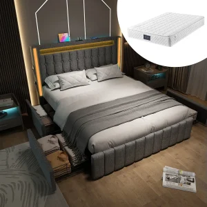 Bed met opbergruimte 160×200 cm – met hoofdbord met opbergruimte, 4 lades USB/Type-C, LED – grijs linnen – matras inbegrepen Bed met opbergruimte 160×200 cm – met hoofdbord met opbergruimte, 4 lades USB/Type-C, LED – grijs linnen – matras inbegrepen
