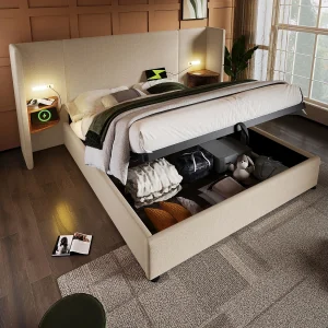 Bed met opbergruimte 180×200 cm – met hoofdbord met opbergruimte, USB/Type-C, lattenbodem – linnen – beige – zonder matras Bed met opbergruimte 180×200 cm – met hoofdbord met opbergruimte, USB/Type-C, lattenbodem – linnen – beige – zonder matras