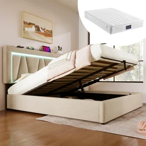 Bed met opbergruimte 140×200 cm – met hoofdbord met opbergruimte, USB/Type-C, LED – in linnen en metaal – beige – inclusief matras