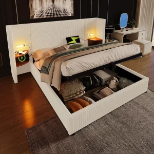 Bed met opbergruimte 180×200 cm – met hoofdbord met opbergruimte, USB/Type-C, lattenbodem – beige – zonder matras Bed met opbergruimte 180×200 cm – met hoofdbord met opbergruimte, USB/Type-C, lattenbodem – beige – zonder matras