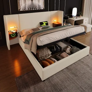 Bed met opbergruimte 160×200 – met hoofdbord met opbergruimte, USB/Type-C, lattenbodem – linnen – beige – zonder matras Bed met opbergruimte 160×200 – met hoofdbord met opbergruimte, USB/Type-C, lattenbodem – linnen – beige – zonder matras
