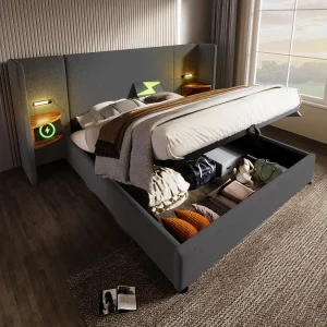 Bed met opbergruimte 160×200 – met hoofdbord met opbergruimte, USB/Type-C, lattenbodem – linnen – grijs – zonder matras Bed met opbergruimte 160×200 – met hoofdbord met opbergruimte, USB/Type-C, lattenbodem – linnen – grijs – zonder matras