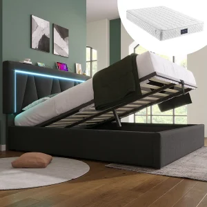 Bed met opbergruimte 140×200 cm – met verstelbaar hoofdbord met opbergruimte, USB/Type-C, LED – in linnen – grijs – inclusief matras Bed met opbergruimte 140×200 cm – met verstelbaar hoofdbord met opbergruimte, USB/Type-C, LED – in linnen – grijs – inclusief matras