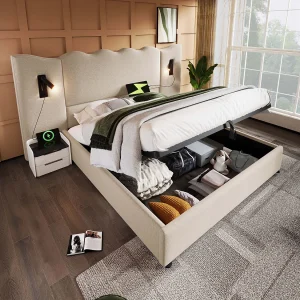 Bed met opbergruimte 180×200 cm – met hoofdbord, USB- en Type-C-aansluitingen, lattenbodem – linnen – beige – matras niet inbegrepen Bed met opbergruimte 180×200 cm – met hoofdbord, USB- en Type-C-aansluitingen, lattenbodem – linnen – beige – matras niet inbegrepen
